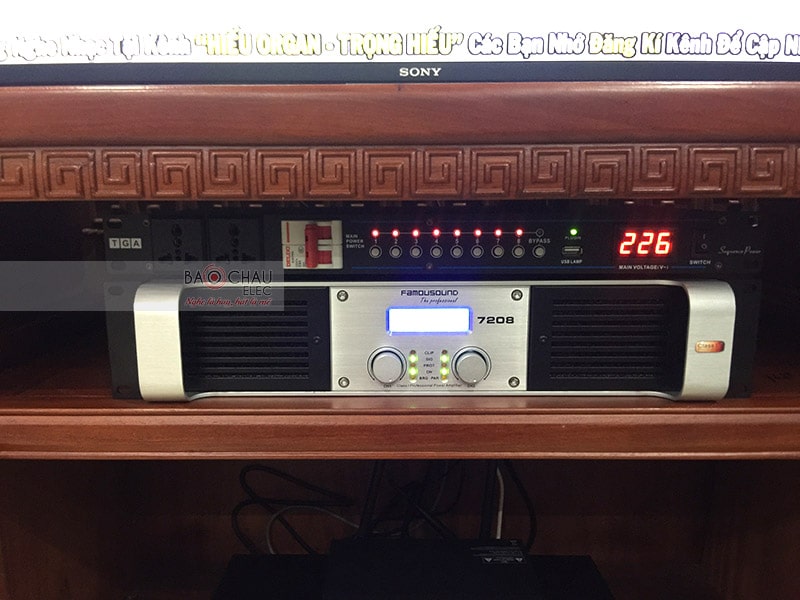 Cục đẩy Famousound 7208 gồm 2 kênh riêng biệt, công suất khủng, trang bị mạch khuếch đại Class I tiết kiệm điện năng