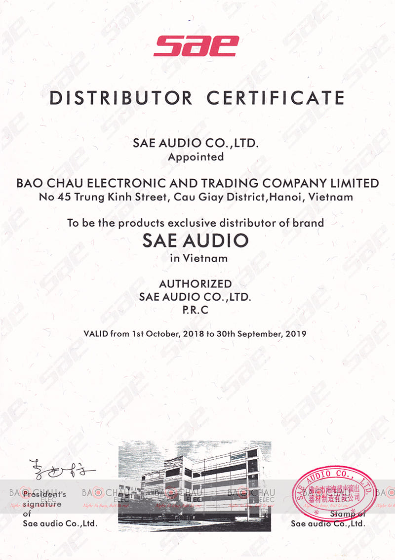 Giấy chứng nhận phân phối chính hãng BIK của Bảo Châu Elec Giấy chứng nhận phân phối chính hãng của SAE cho Bảo Châu Elec