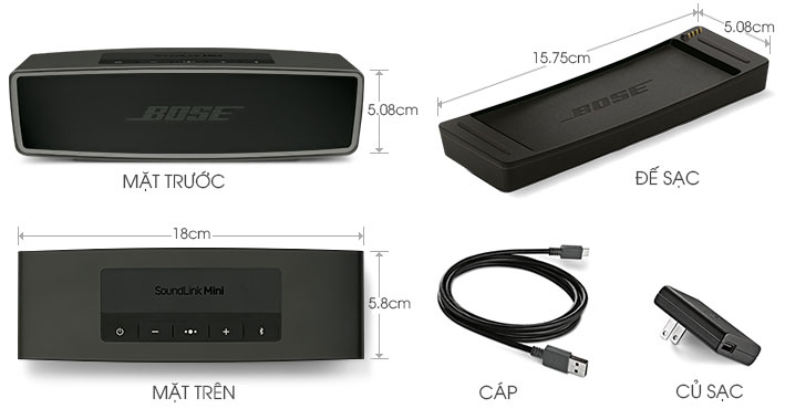 Thông số kích thước và phụ kiện của Loa Bluetooth Bose SoundLink Mini II