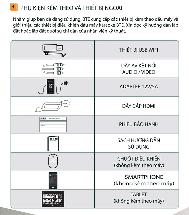 Phụ kiện đi kèm đầu liền màn BTE S9650 Phụ kiện đi kèm đầu liền màn BTE S9650